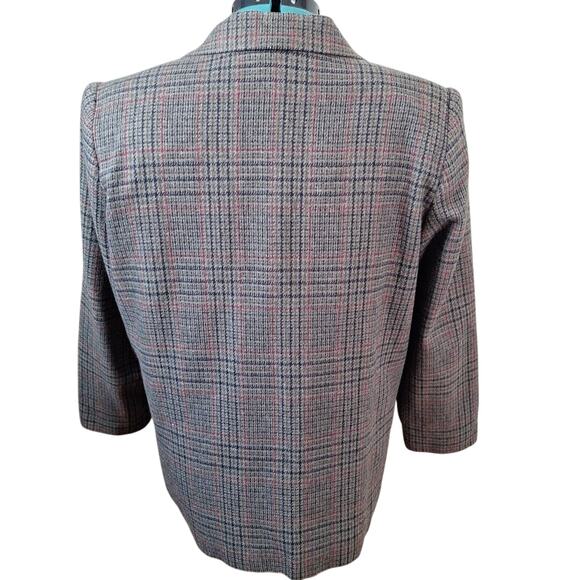 Vintage Sag Harbor Gray Green Plaid Wool Blnd Blazer Women Size 14P Petite - Picture 6 of 9